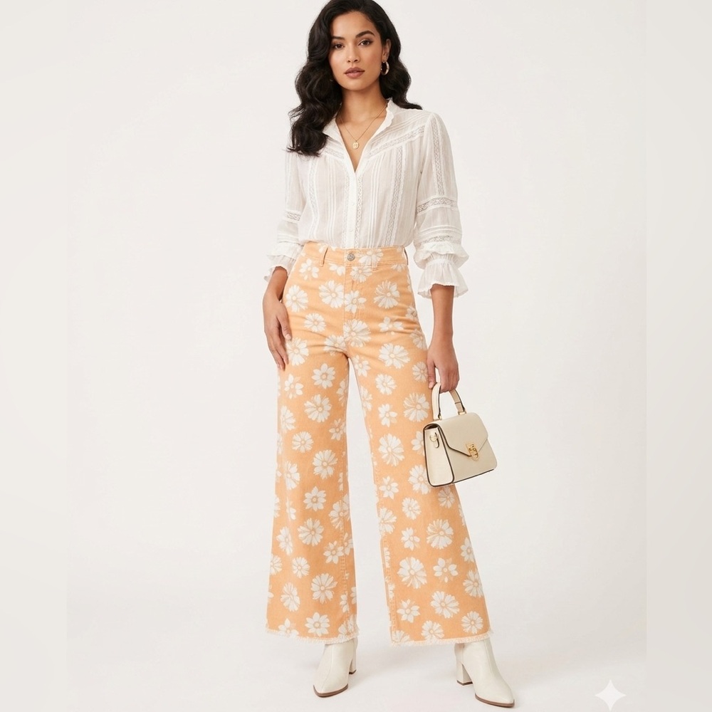 BILLABONG FREE FALL FLORAL PRINT PANT HIGH RISE WIDE LEG PEACH & CREME SIZE 25